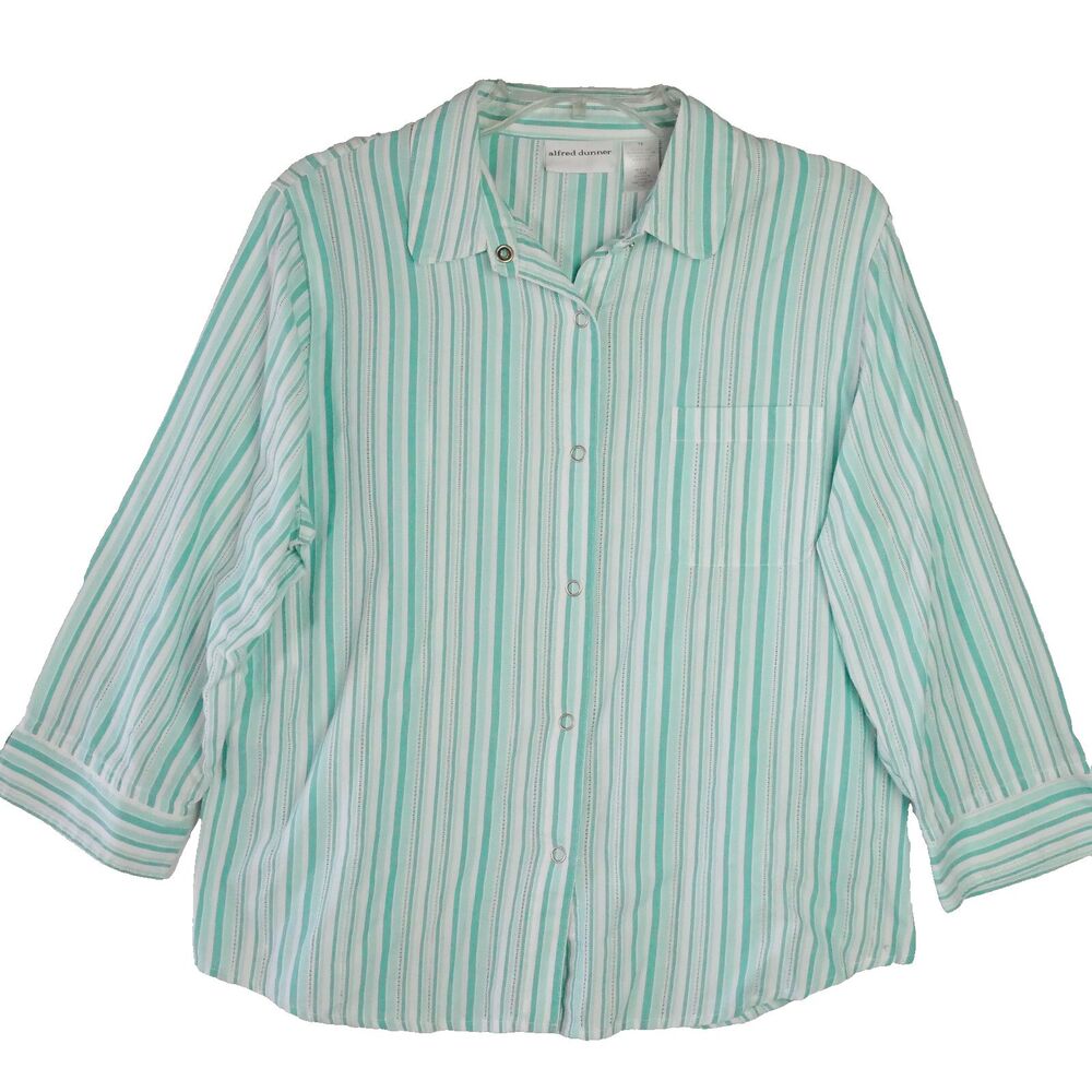 Alfred Dunner Womens Size 14 Green Striped Woven Shirt Blouse